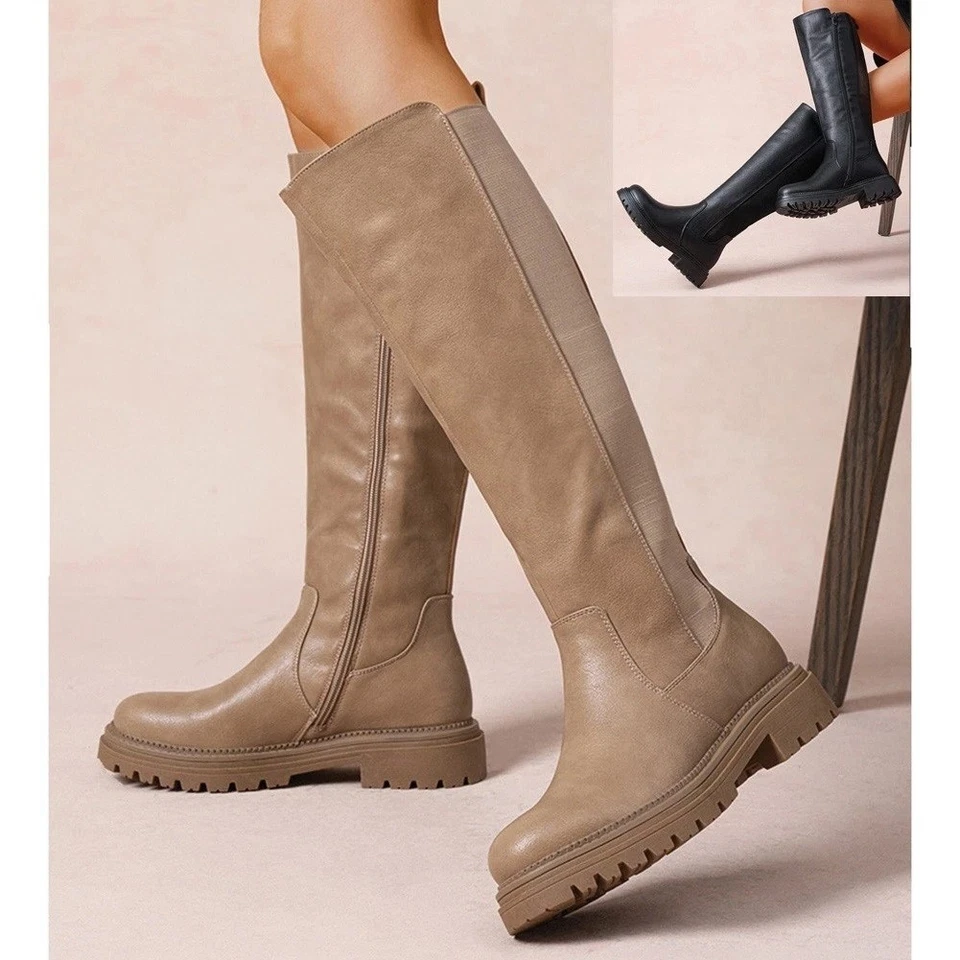 SHU MANIA Ladies Mid Calf Boots Faux Leather Elastic Zip Casual Winter Chunky Heel Womens