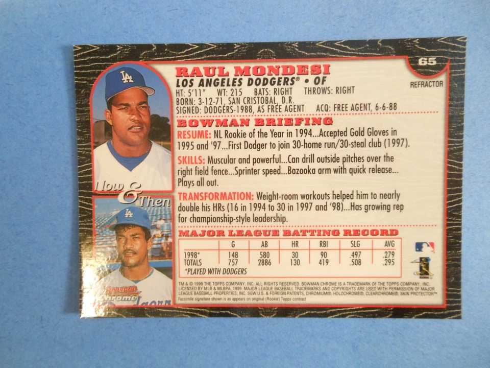 1999 Bowman Chrome Refractor #65 Raul Mondesi - Los Angeles Dodgers - Imagem 4 de 4