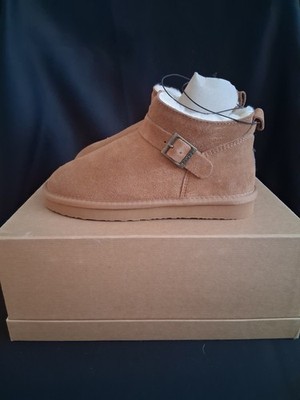 PAWZ by BEARPAW Women's Brown Shearling Lined Suede Ankle Bootie with Buckle