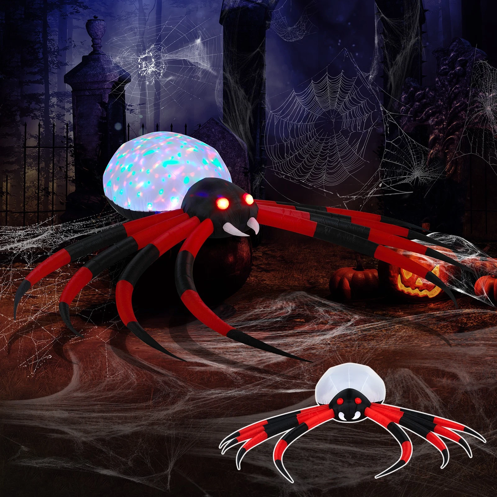 12 FT Giant Halloween Inflatables Spider Yard Decoration with Rotating LED Light