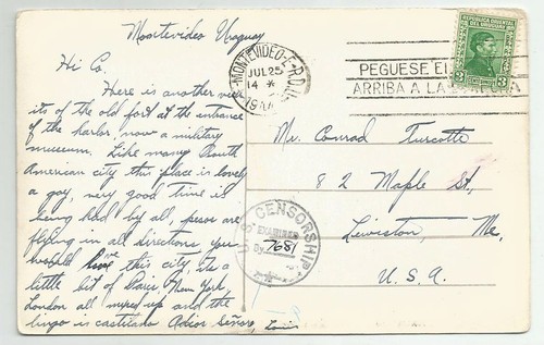 Postal Montevideo Uruguay La Fortaleza 1944 foto real sello de censura de EE. UU. - Imagen 2 de 2