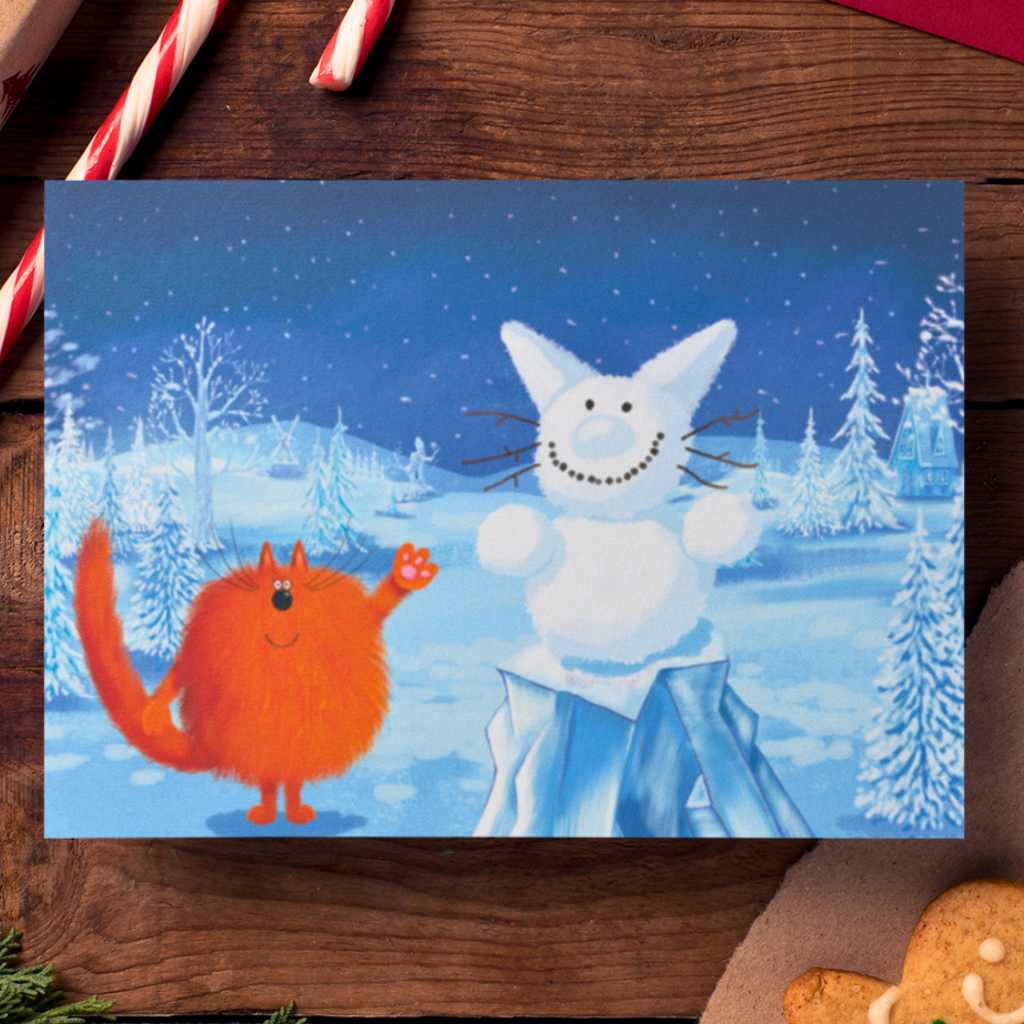 Cute Winter Cat Art, Funny Christmas Card, Fluffy Orange Cat, Snowy Scene, Xmas