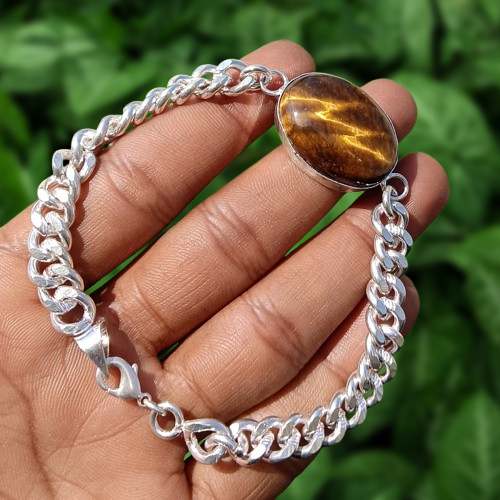 Gift For Him Tiger's Eye Gemstone Chain Bracelet 925 Silver Plated