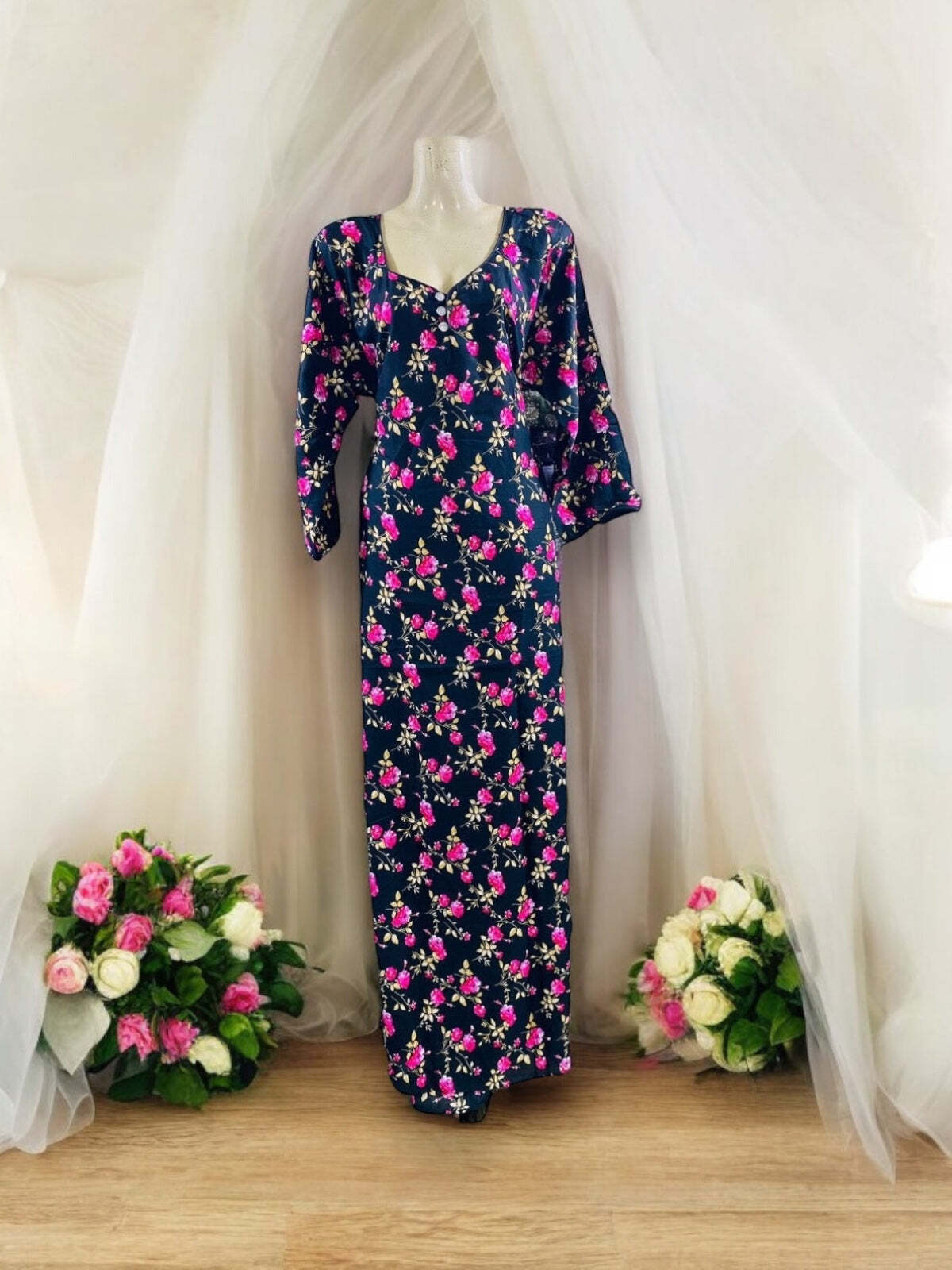 Linen Maxi Dress Set with Matching Dupatta - 109-image