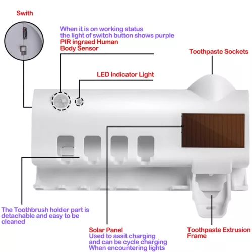 Toothbrush Holder UV Light Sterilizer Cleaner and Automatic Toothpaste Dispenser - Picture 11 of 15