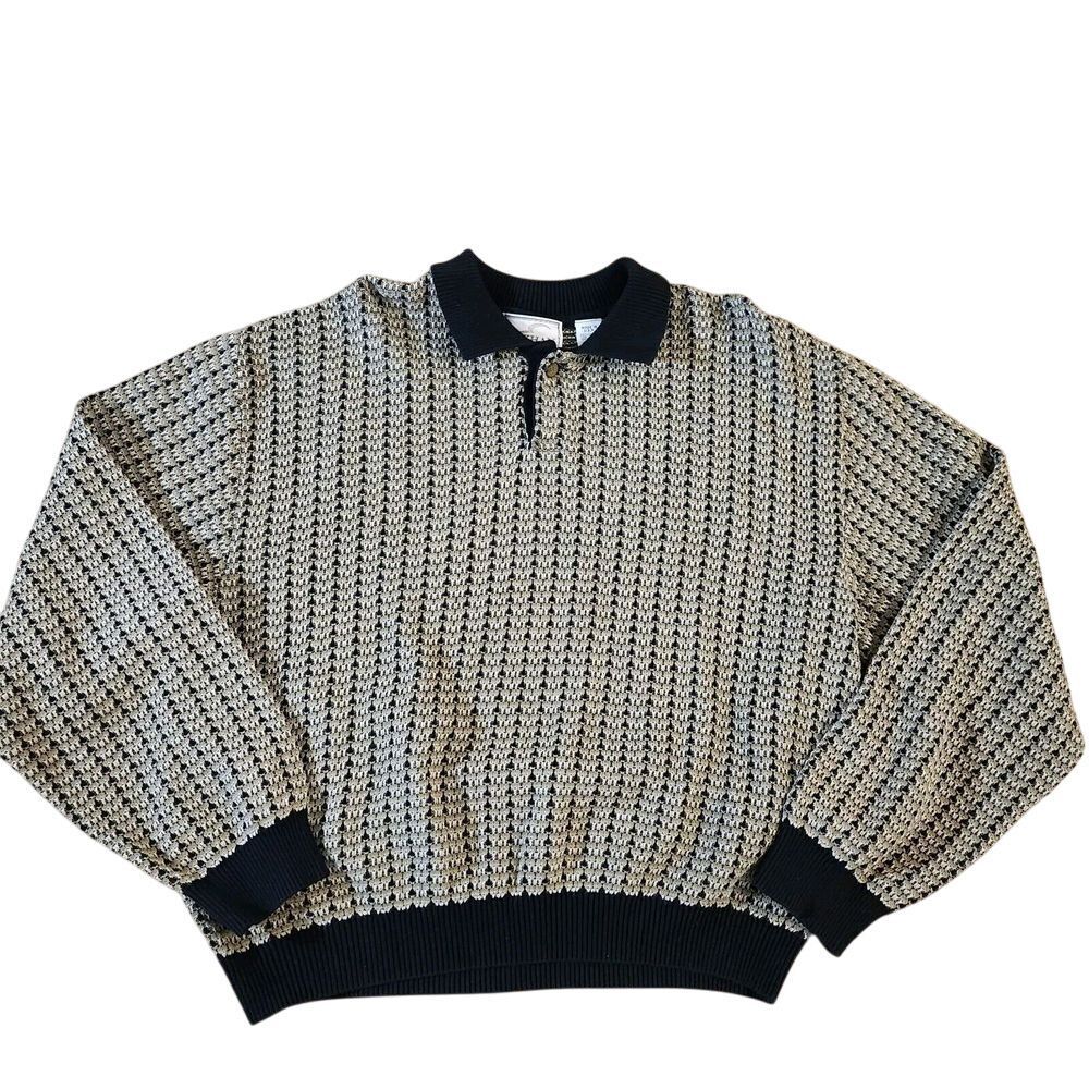 Vintage Elkhan Textured Knit Sweater Black Beige XL American Made