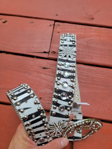 BLAZIN ROXX Bling Zebra Leather Belt Large Buckle Rhinestones Womans. Size M - Picture 3 of 6
