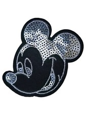 MICKEY MOUSE HEAD WITH SILVER SEQUINS CARTOON IRON ON PATCH 3.0 X 2.5 INCHES
