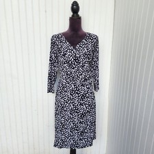 Chaps Womens Jersey Stretched Ruched Dress Black Beige White 3/4 Sleeve Sheath L