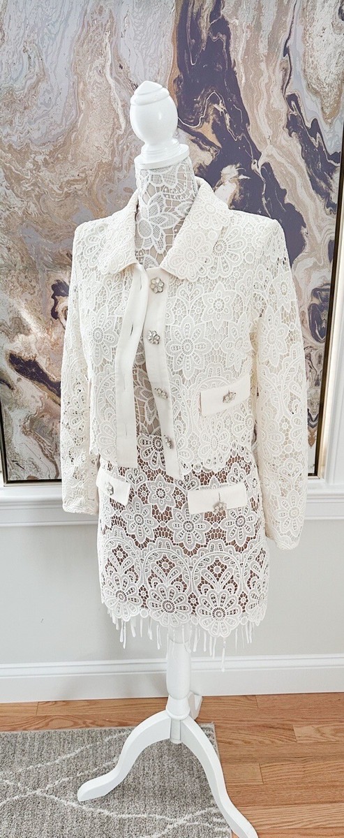 『self portrait』 (UK8) レース ジャケット Self Portrait Ivory Floral Guipure Lace Skirt Cropped Jacket Suit