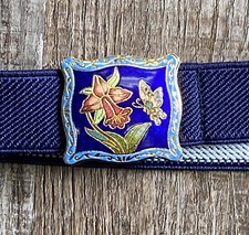 Cloisonne Brass Buckle Blue Stretch Belt Vintage Butterfly Lilly Flower 28 -30