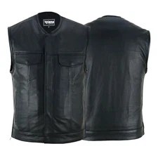 SOA Men’s Full Grain Leather Biker Vest – Motorcycle Cut Off Concealed Carry