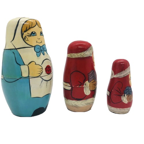 Santa Claus Pilgrim WOOD Hand painted NESTING DOLL 3 PCS # Vintage - Picture 3 of 8