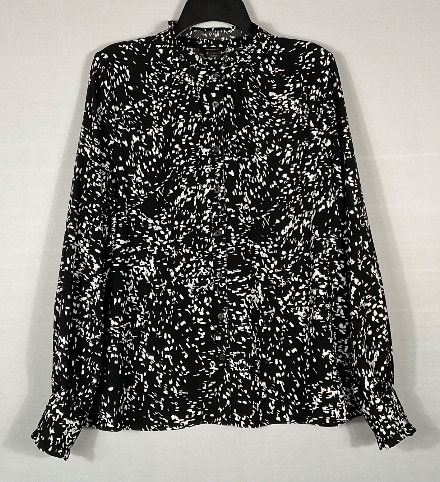 Halogen Top Womens Large Black Ivory Print Button Up Mock Neck Long Sleeves