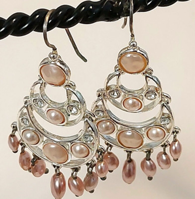  Vintage Silver Tone Faux Pink Pearls Rhinestones Chandelier Earrings Signed Le