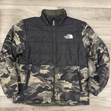 North Face Jacket Boys Large Green Camo Reversible Hooded Fleece Puffer large