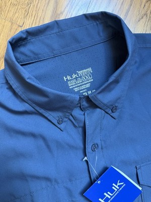 Huk Shirt Mens XXL Tide Point Navy Button Down Short Slv Pockets Fishing UPF 30