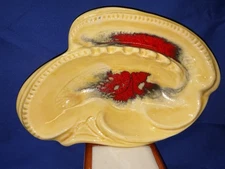 Vintage 8” MCM Yellow California 678 Pottery  Atomic Ashtray Red Drip Glaze