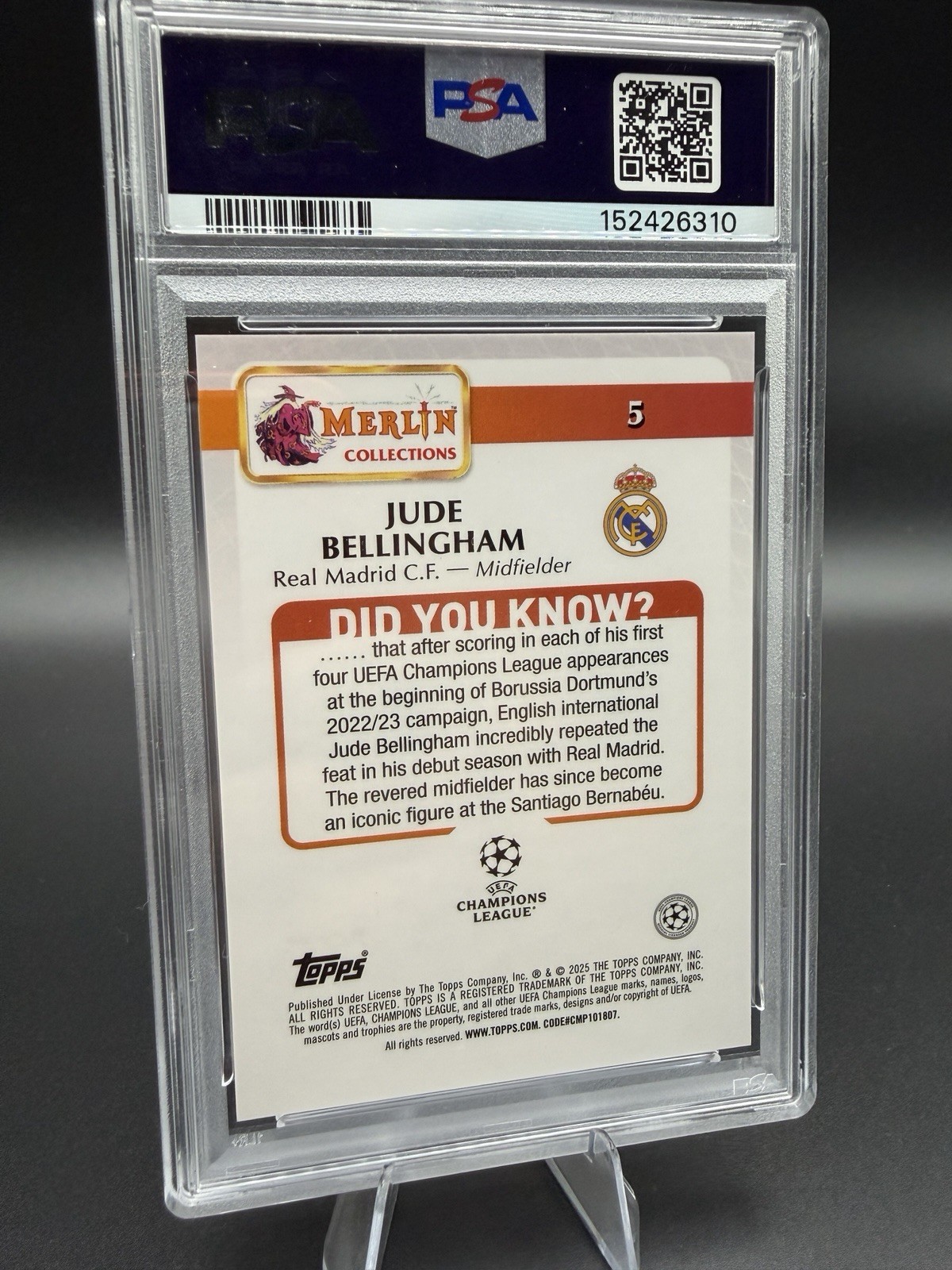 2024-25 Topps Merlin Jude Bellingham Orange Atomic Refractor /25 PSA 10 view 2