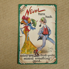 Vintage Postcard Comic, Tuck Never Series, Turn Back, Glamour Woman