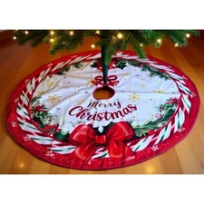 Vintage Merry Christmas Tree Skirt 36 Inch Red Xmas Tree Collar Decoration