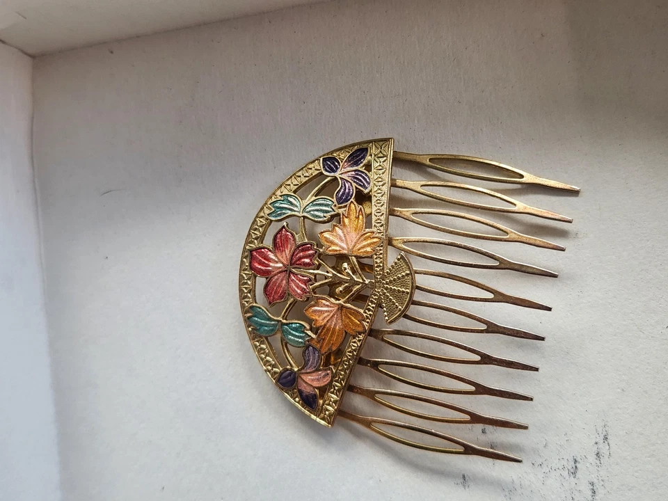 Vintage Japanese Brass Hair Combs Floral Enamel Pair Hair Accessories 2 Piece Se - image 3 of 4