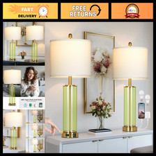 26" Green Glass Table Lamps Set of 2 - Modern Coastal Touch Lamps with USB Ports