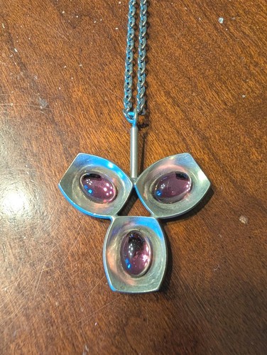 Vintage Jorgen Jensen Denmark MCM Modernist Purple Cab Pewter Pendant Necklace