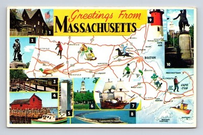 Pictorial Tourist Map & Multi-View Attractions Greetings from Mass MA Postcard