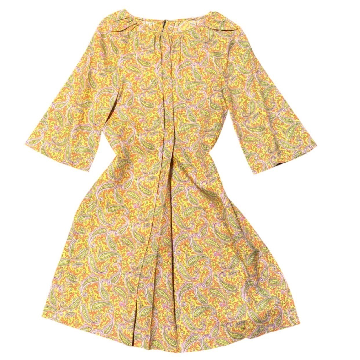 Vestido Vintage Años 70 Estampado Paisley Amarillo Naranja Verde Rosa Estilo Mod Informal