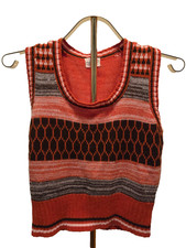 Vintage 1970s Geometric Honeycomb Knit Sweater Vest Orange Multi Stripes Small X