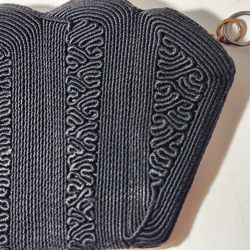 Bolso de mano de noche vintage festoneado 9" x 4,75" negro tejido con cremallera - Imagen 3 de 11