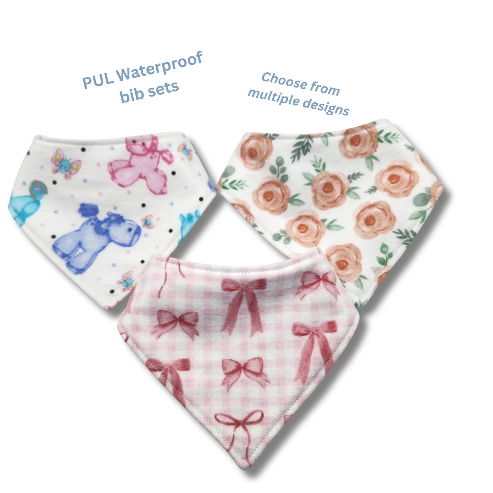 Waterproof Set of 3 Snap Bandana Bibs–PUL & Flannel Drool Bib, Baby Bibs, Etc.
Opens in a new window