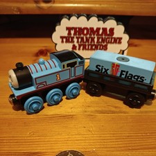 Rare Thomas Wooden Railway Thomas Train with Six Flags Cargo Car and Cargo Car