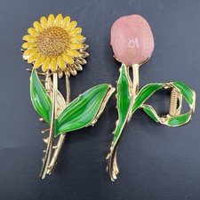 Gold Enamel Flower Hair Clips Set   Sunflower  Pink Tulip Barrettes Gift