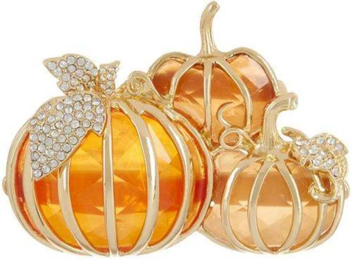 Napier Triple Pumpkin Brooch Pin Gold Tone Crystal Lucite 3 w Gift Box NEW Fall