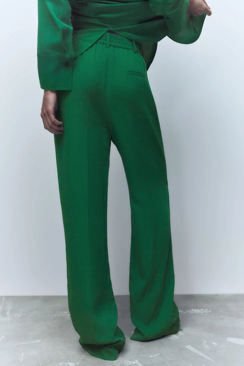 ZARA NEW WOMAN HIGH-WAIST FLOWING WIDE-LEG TROUSERS BOTTLE GREEN