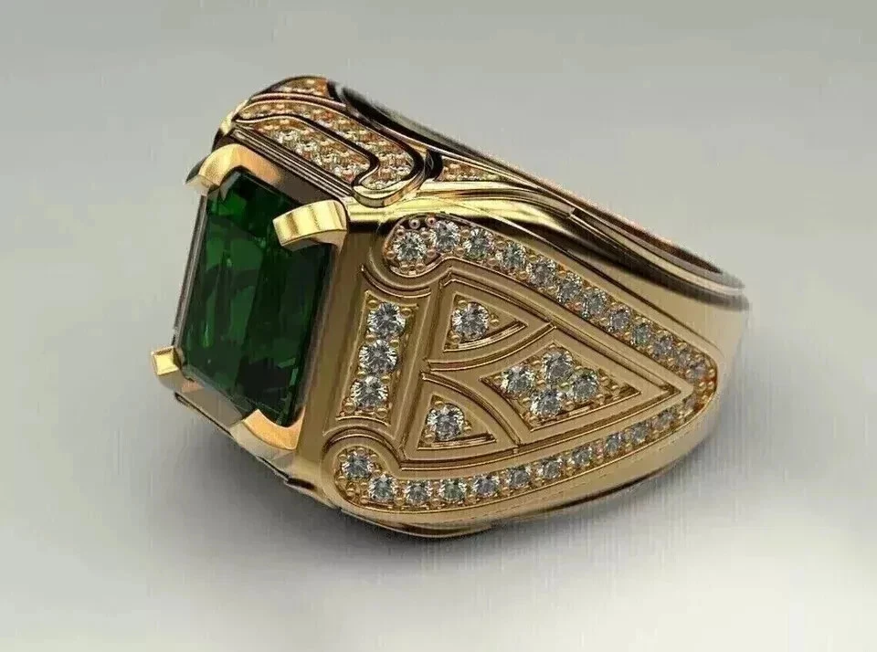 Anillo de boda solitario de diamantes y esmeraldas verdes de 5 quilates para hombre de oro amarillo de 14 quilates Foto 2 de 4