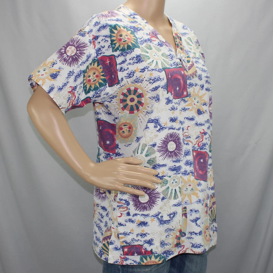 Crest Short Sleeve Small Scrub Top Suns and Moons Side Slits V Neck Made in USA - Image 4 of 4