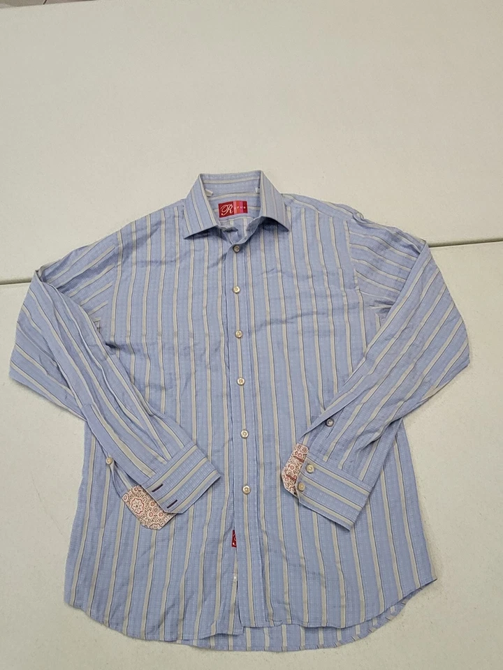 Rufus blue gray navy Stripe dress Shirt MEDIUM made in usa cotton - Image 2 of 4