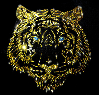XXL STRASS TIGER KOPF BÜGELBILD HOTFIX APPLIKATION RAUBKATZE GOLD KATZE BLAU