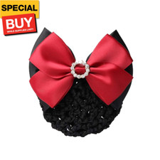 1Pcs Red Rhinestone Satin Bow Barrette Bowknot Snood Net Barrette Hair Clip Bun