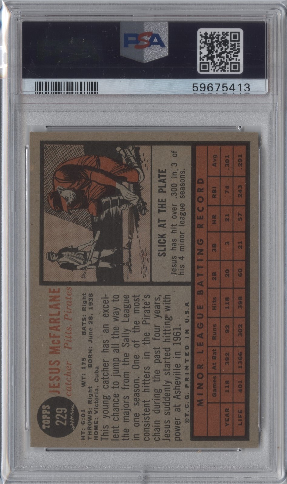 1962 Topps 229 Jesus Mcfarlane RC Rookie NM PSA 7 (ST) Great Eye