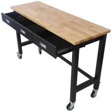 60in Work Bench, Workbench with Drawer Storage, Bamboo Wood Work Table w. Wheels
