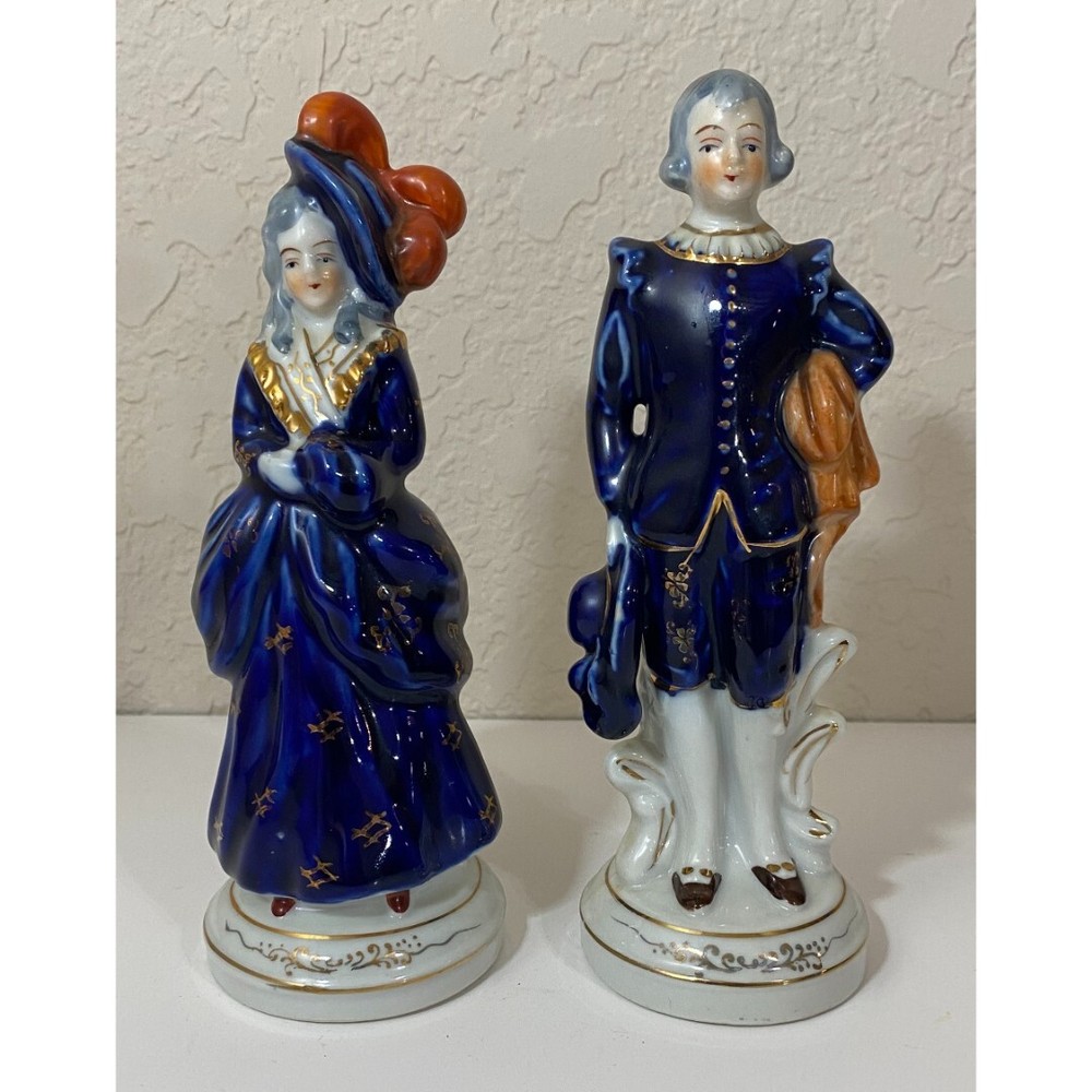 Vintage Couple Dressed In Blue Hand Painted Porcelain Figurines Occupied Japan