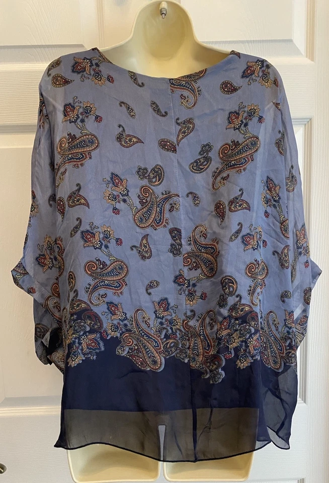 Belle France 女式花卉束腰上衣透明丝绸混纺女性仙女蓝色 L 码 — 第 3/4 张图片