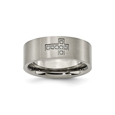 Chisel Titanium Brushed 1/15 Carat Diamond Cross 8mm Flat Band