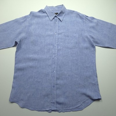 Bugatchi Uomo Men Shirt XL Blue Pure Linen Light Solid Button Down Casual Summer