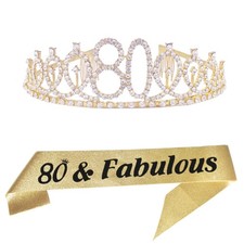 80th Gold Birthday Tiara and Sash Happy 80th Birthday Party Supplies 80th Gol...