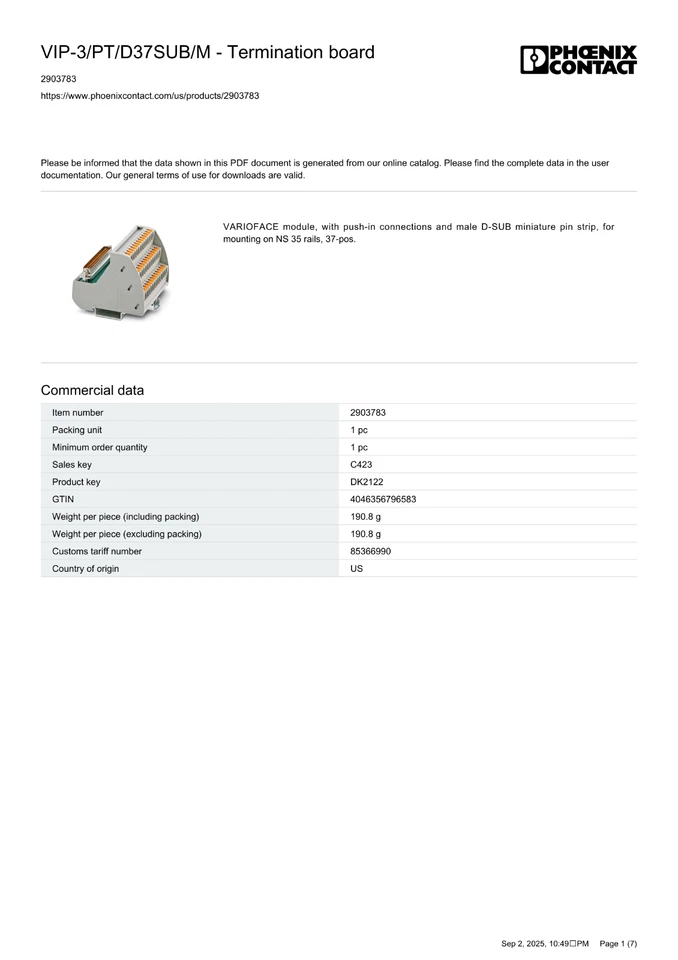 Phoenix Contact 2903783 DB37 Interface Module 37-Pin D-Sub Male Spring Terminal - Image 3 of 4